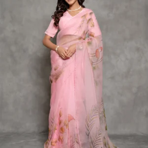 Baby Pink Handpainted Enriched Organza Saree