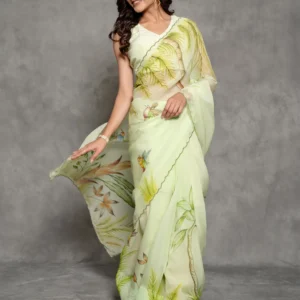 Pista Green Organza Handpainted Saree